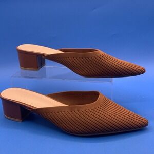 TIJN Women's Size 10 Helka Brown Ribbed Fabric Slip On Mule Shoes Block Heels